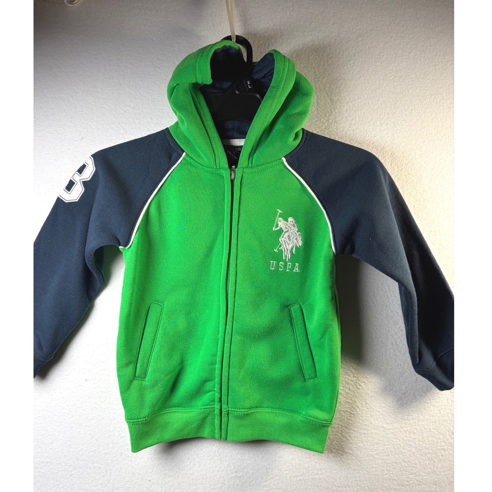 U.S. Polo Assn Zip Hoodie Kids Size 4 Green Navy Excellent Varsity Fleece Sweat